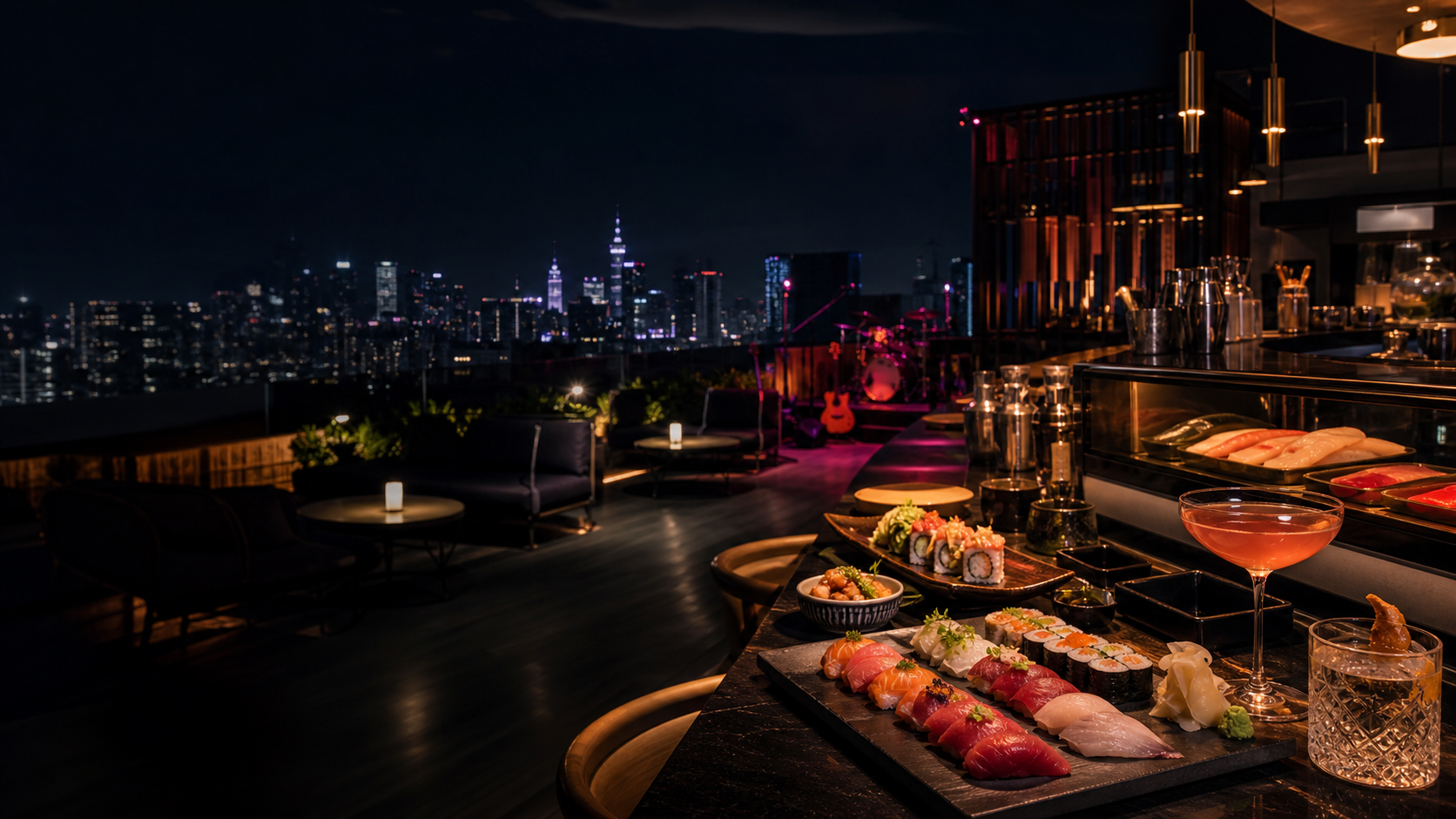 Rooftop sushi bar with lounge seating, live music stage, and city lights